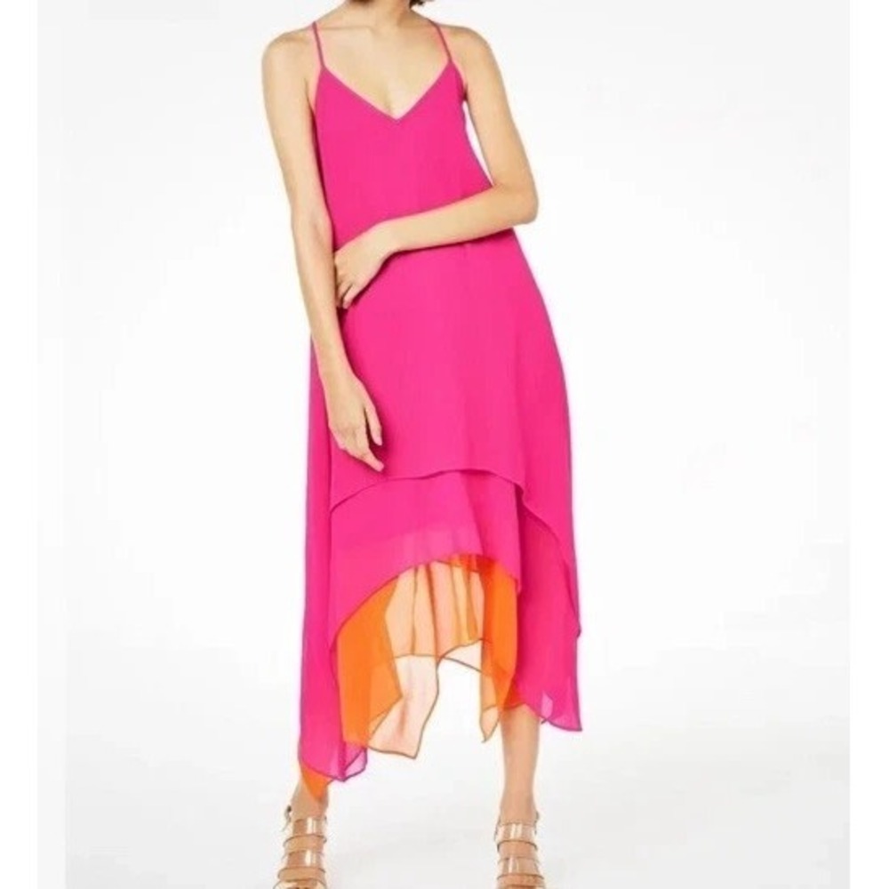 Bar III Women's Sleeveless Tiered Handkerchief Hem Pink Orange Dress Sz M